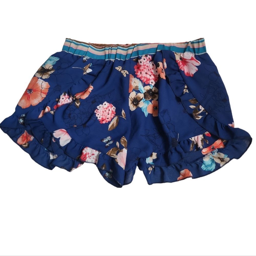 MERAKI ANTHROPOLOGIE Blue Floral Striped Ruffle Stretch Waist Shorts Size M